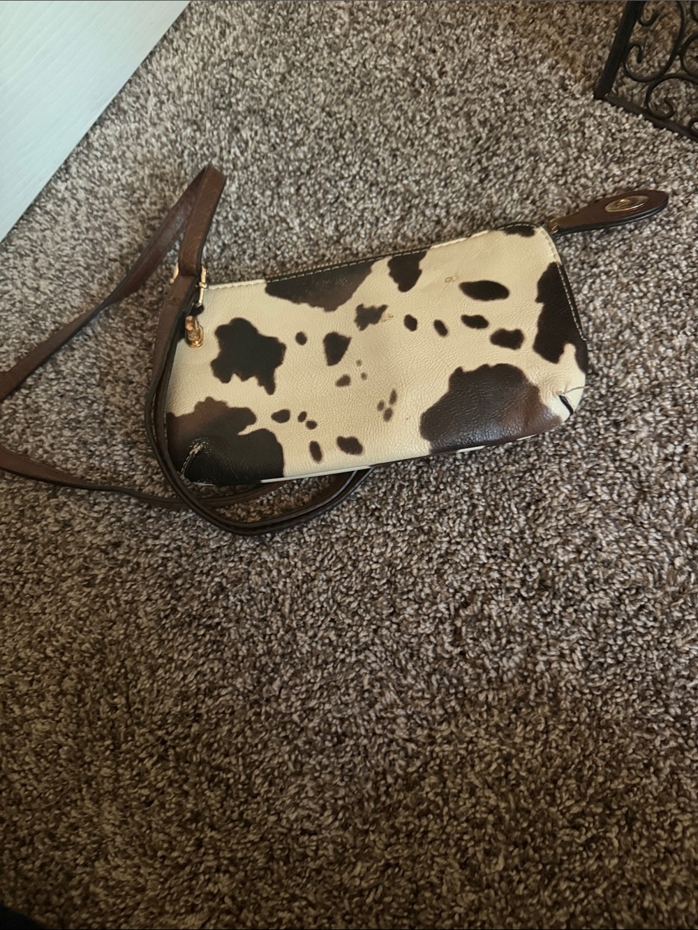 Cowhide-Print Crossbody Bag in Cream and Brown